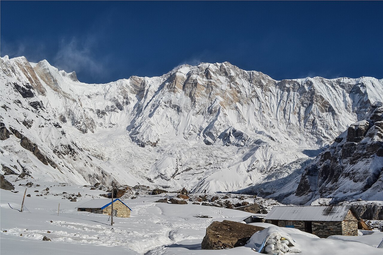 Snow-covered Annapurna mountains above Annapurna Base Camp