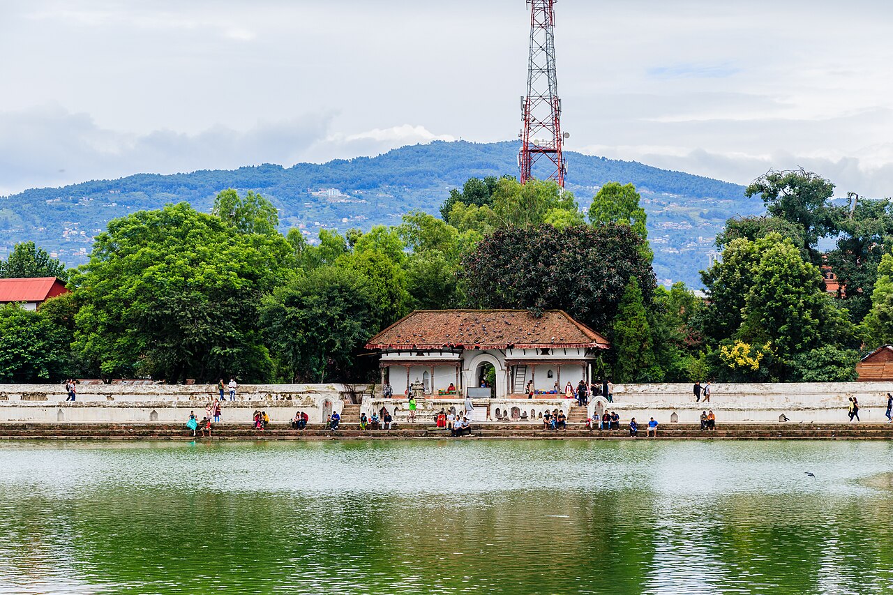 Water and far-side pavilion at Siddha Pokhari in Bhaktapur