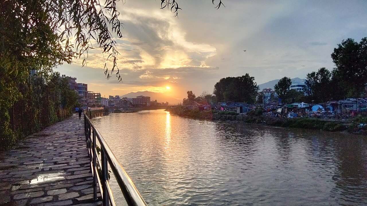 Tree-lined walkway beside the Bagmati River at UN Park in 2023