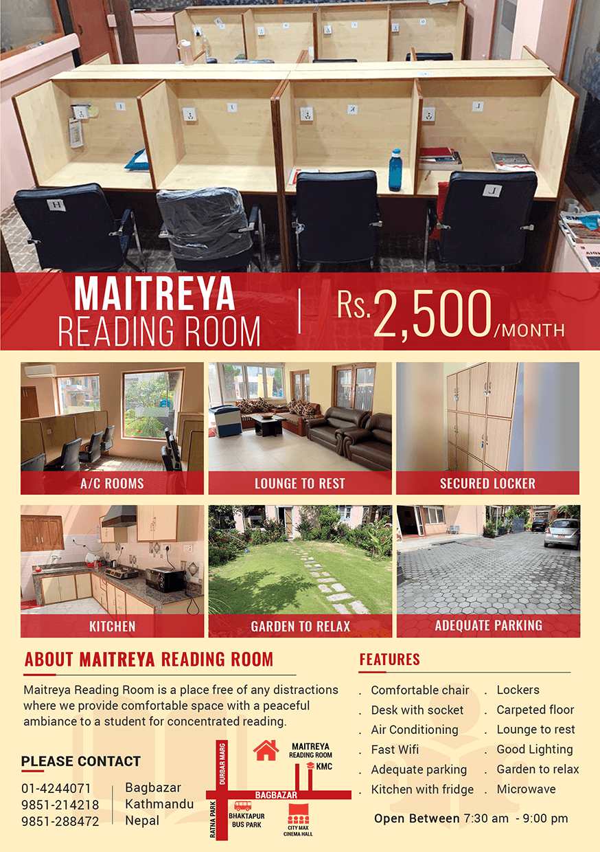 Operator flyer showing Maitreya Reading Room desks and facilities